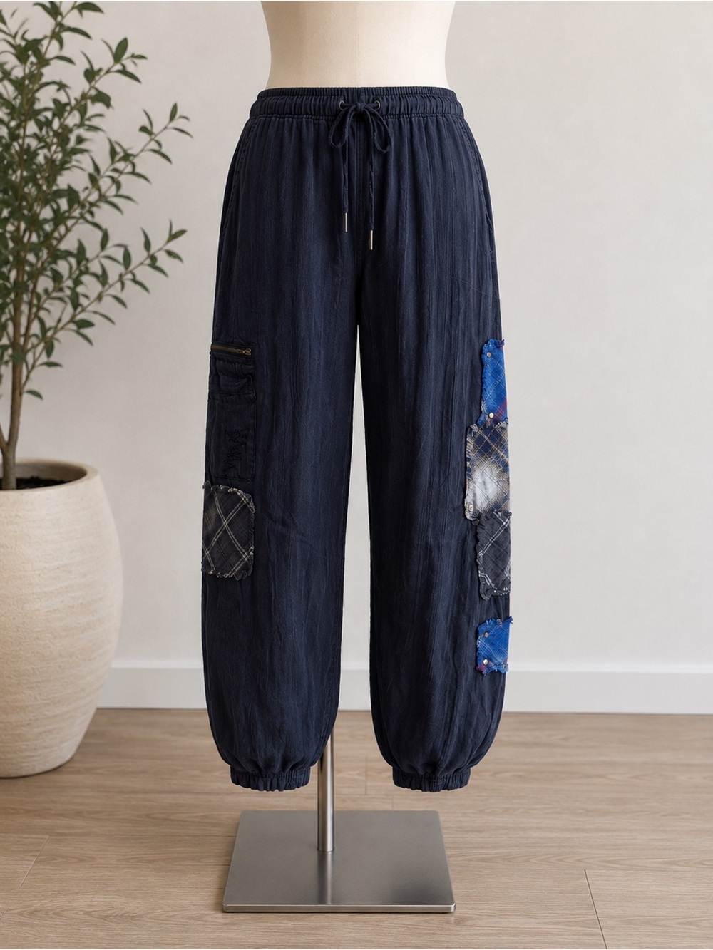 Vintage Havana Patchwork Plaid Utility Jogger Pants Navy Size L NWT